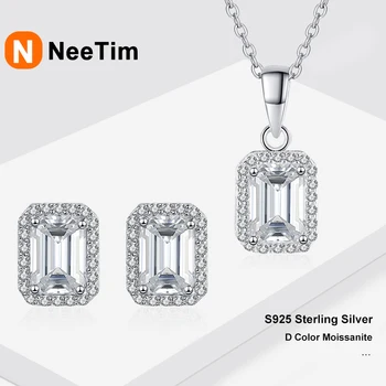 NeeTim 0.5ct 1ct Emerald Cut Moissanite Pendant Stud Jewelry Sets S925 Silver with 18K Gold Plated Necklace Earrings for Women