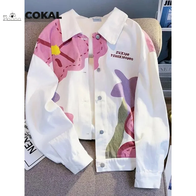 

COKAL Spring White Women's Denim Jacket Loose print High quality casual trend denim coat coat