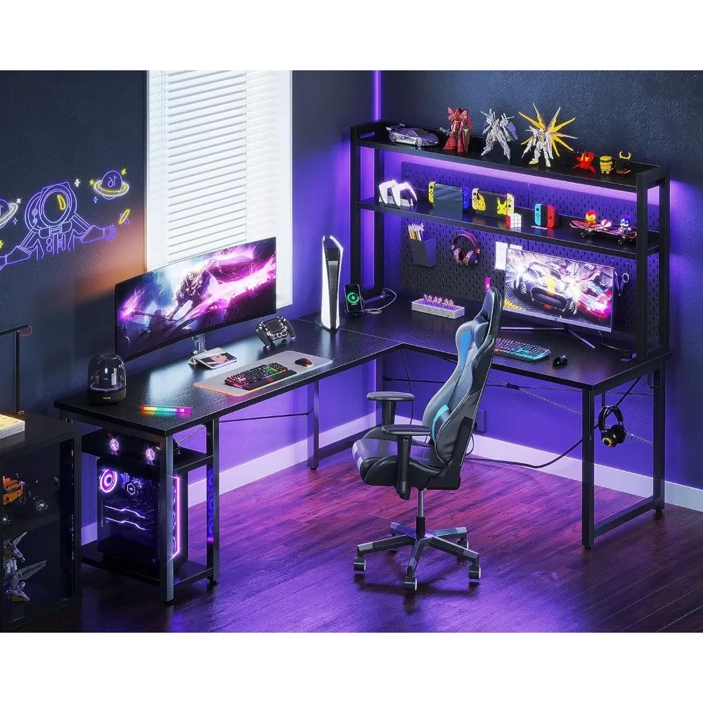 

L Shaped Gaming Desk With Hutch & Power Outlets & LED Strip & Monitor Stand Gamer Table for Pc Setup Accessories Desktops Mobile