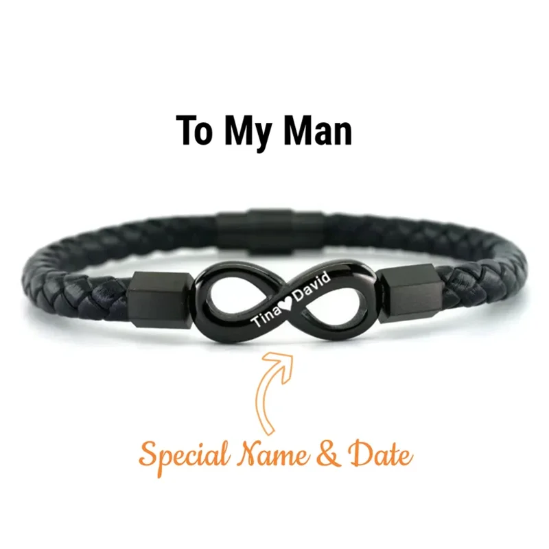 To My Man Peasonalized Dual Name Infinity Leather Bracelet with Custom Name Stainless Steel Braided Bracelet Bangle for Men Gift