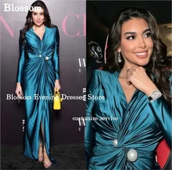 Noble Long Sleeves Pleated Evening Dresses 2024 Fashion V-neck Floor-length Elegant Women Party Gown Prom Dresses Free Shipping