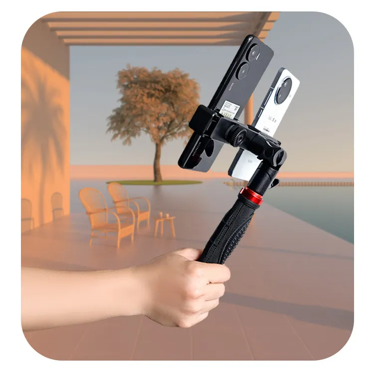Supporto Treppiede Portatile per Due Telefoni, Regolabile a 360° ° Supporto Rotante per Streaming Live, Mini Treppiede da Tavolo per TikTok YouTube Vlog Selfie - immagine 5