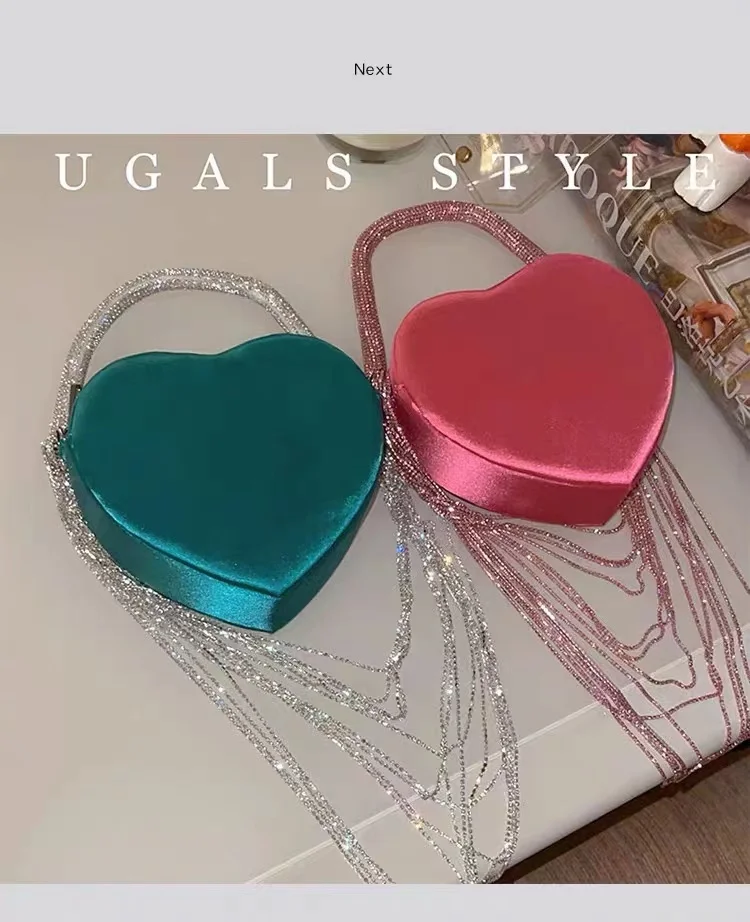 Luxury Designer Bling Tassel Handbag Satin Heart Shape Shoulder Bag Glitter Shiny Diamond Evening Bag Wedding Party Clutch Purse
