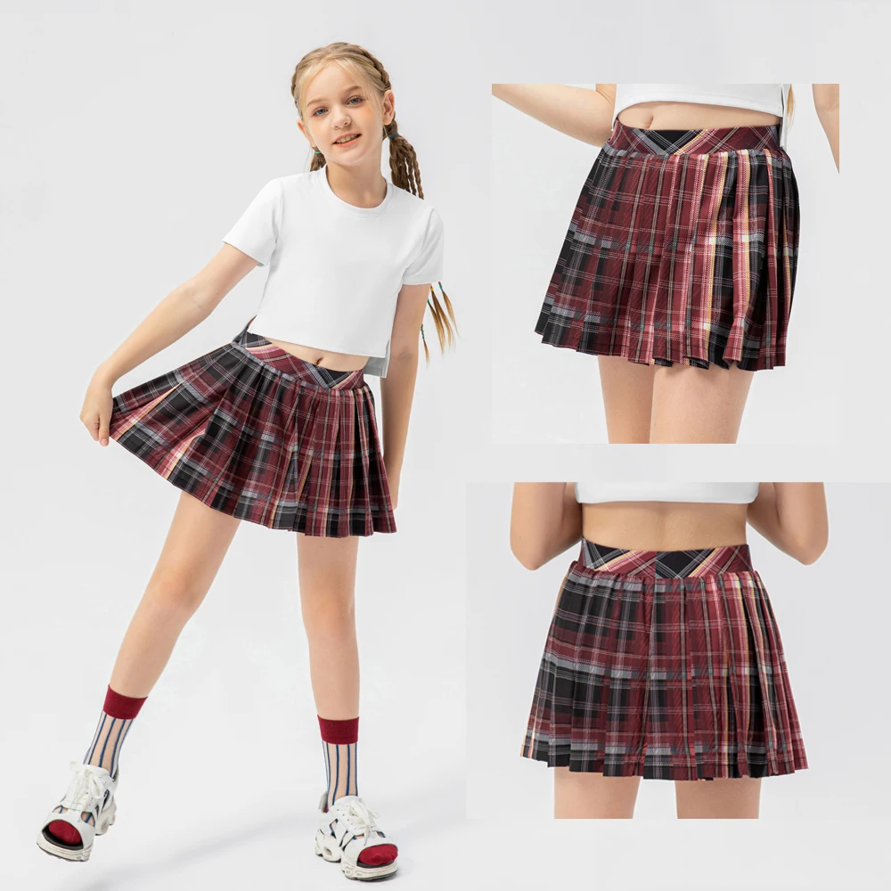 Kids Sport Skort with Pockets Girls Teen Pleated Checks Anti-glare Dance Golf Tennis Running Shorts with Skirt