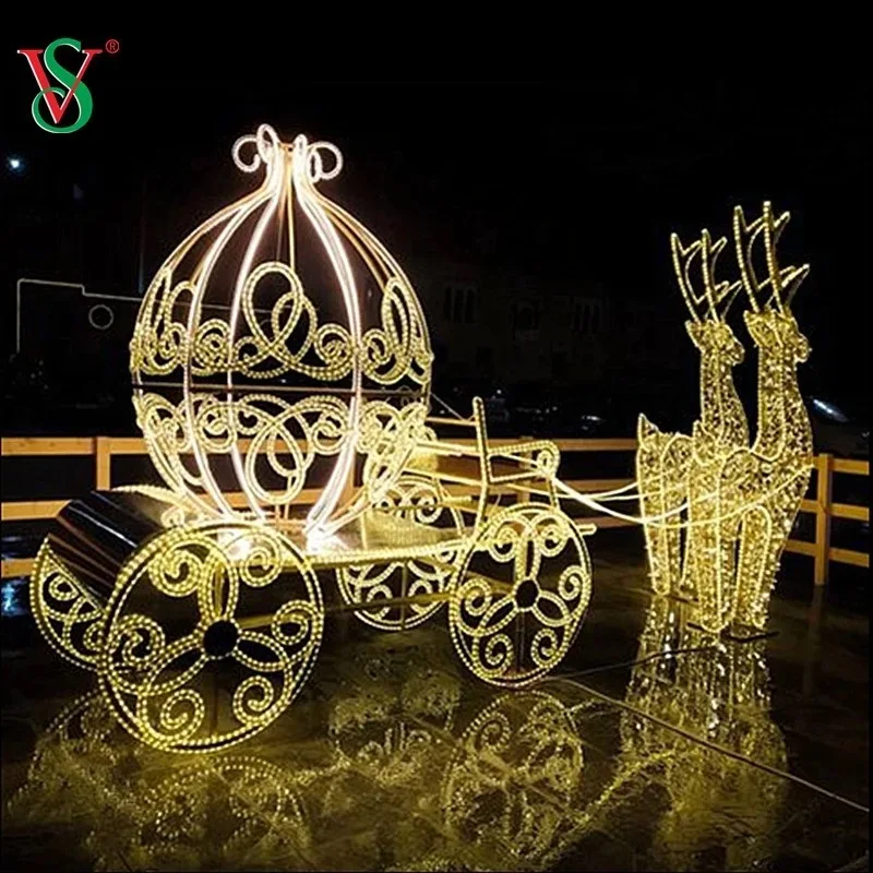 Outdoor 3D Large LED Christmas Light Sculpture Large Illuminated Horse Drawn Carriage for Commercial Festival Decoration