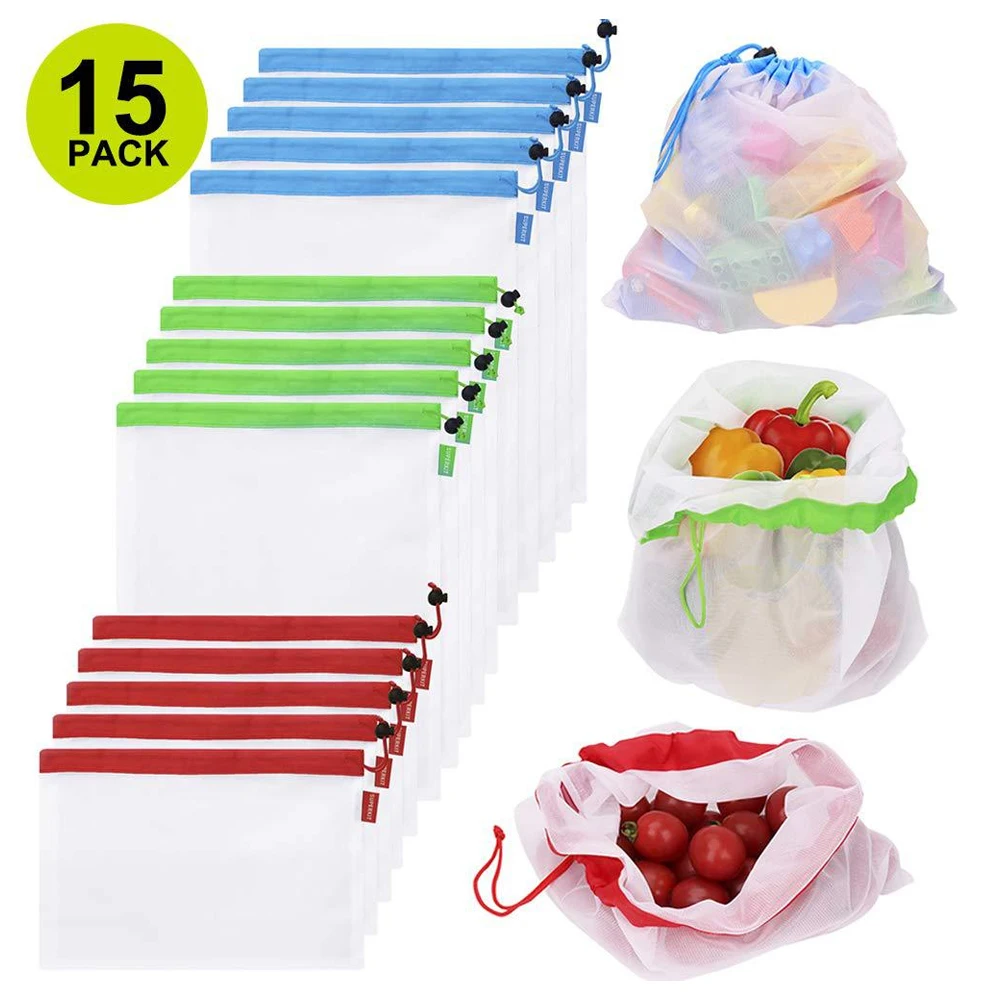 

12/15pcs Eco Friendly Washable Mesh Produce Bags for Grocery Shopping Storage Reusable Fruit Vegetable Kitchen Storage