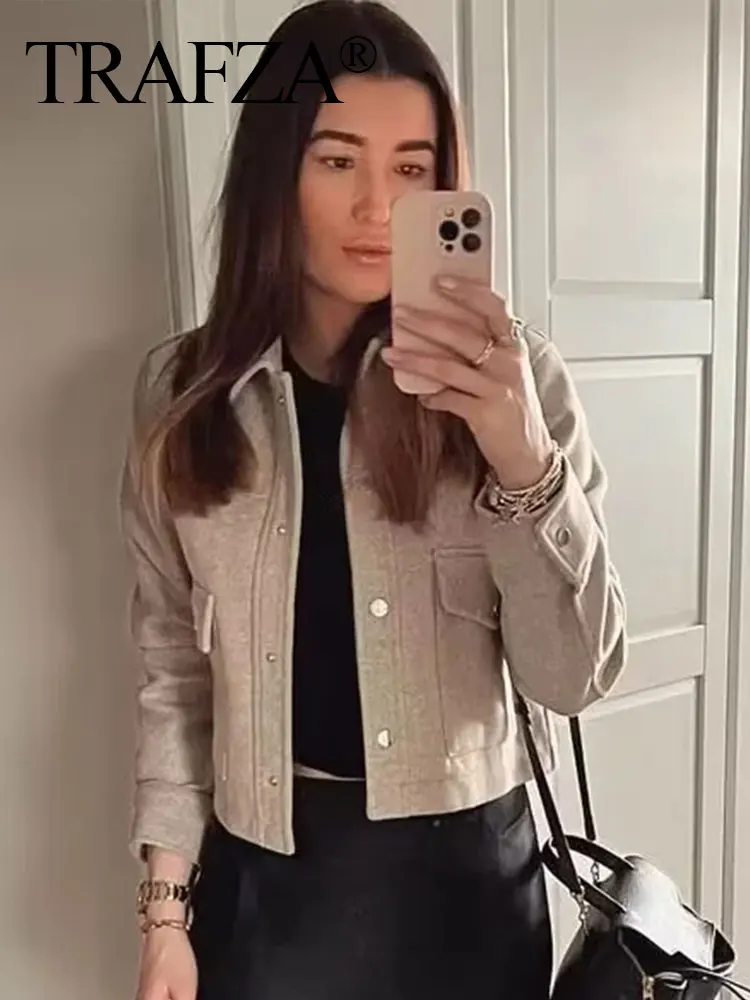 TRAFZA Jackets For Womens Autumn Fashion Solid Front Pockets Button Long Sleeve Jacket Elegant Woman Casual Outerwear Coat 3