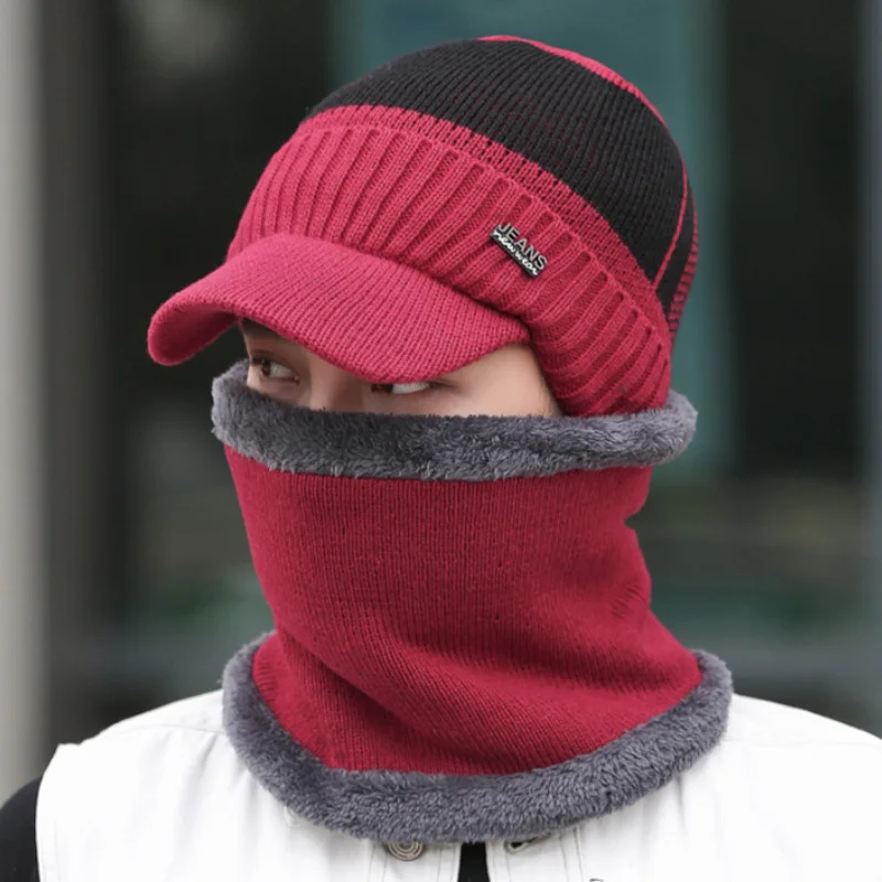 Knitted Hat And Scarf Two Piece Set Unisex Large Head Suitable For Thickened Winter Snowflake Warm Hat Gloves Scarf Set Boys