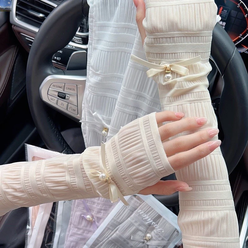 Summer Pearl Sleeves Outdoor Sun Protection Women Bow Long Ice Seeves Sun Protection Sleeves Thin Gloves Sunscreen Accessories