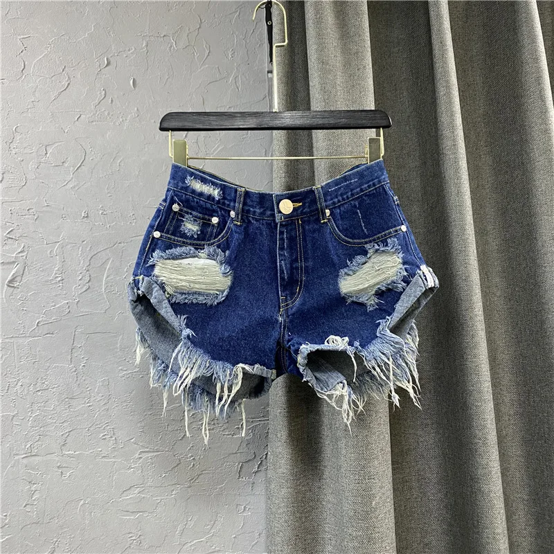 블랙 데님 반바지 여성 찢어진 구멍 거친 가장자리 청바지 반바지 2025 뉴 여름 한국 저층 A 자형 핫 바지