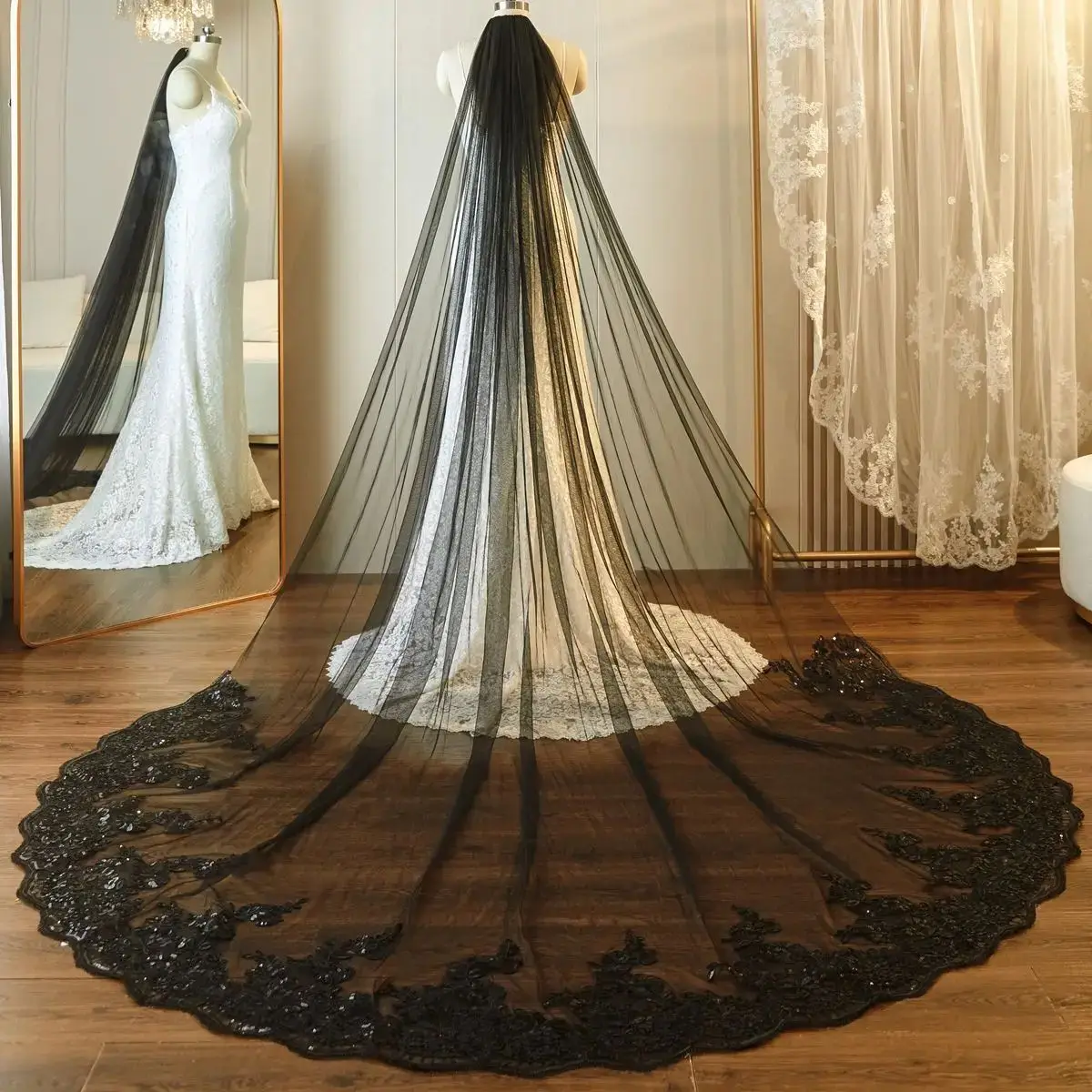 

Cathedral Black Wedding Veil One Layer 3 Meters Long Bridal Veil with Comb Bling Sequins Lace Gothic Black Veil Head Accessories