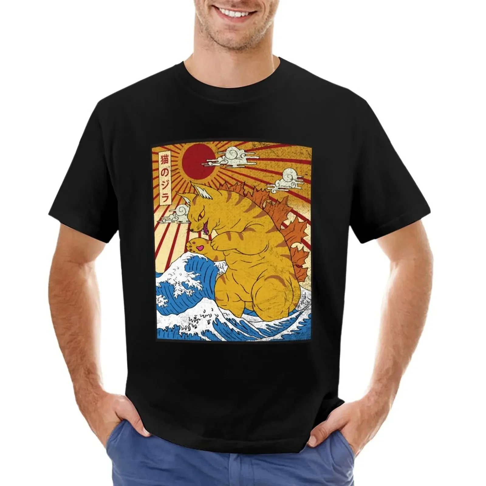 

Catzilla Vintage Funny Cute Cat Art Japanese Sunset T-shirt anime Short sleeve tee new edition mens plain t shirts