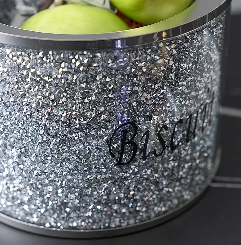 Crystal Glass Biscuit Container Jar Tin with Lid Kitchen Counter Storage Silver Trimmings Crystal Filled Decorative Storage Box 4