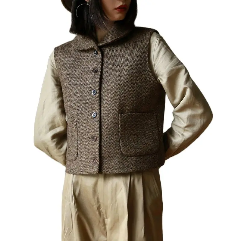 Women's Suit Vest Herringbone Wool Spring Slim Jacket Casual Vest Waistcoat For Lady Sleeveless