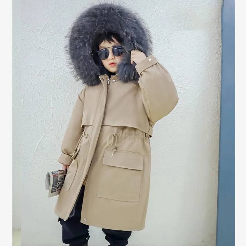 

110-180CM Cold Winter Fur Coats Natural Rex Rabbit Fur Liner Hooded Parkas Children Thicker Warm Jacket For Kids Boys Girl A1812