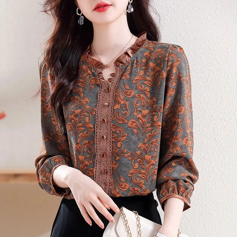 Temperament Printed Long Sleeve Shirt Women's Clothing Spring Autumn Fashion All-match Female Ruffles Button Patchwork Blouse