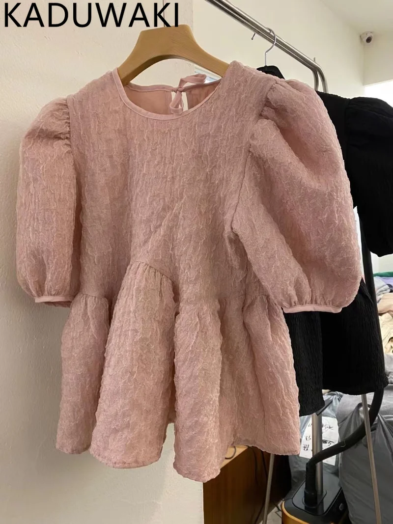

Korean Chic Round Lace Up Puff Short Sleeve Pink Loose Shirts Women Blusas Mujer 2023 Summer Blouse Sweet Black Doll Top Ruffled