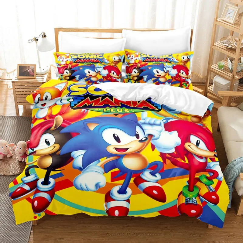 thumbnail image 1 of Juegos de ropa de cama Sonic con funda de almohada, ropa de cama con estampado 3D de Anime Harajuku, ropa de cama para cosplay, tamaño king, funda de edredón, traje de cama, 1 of 5