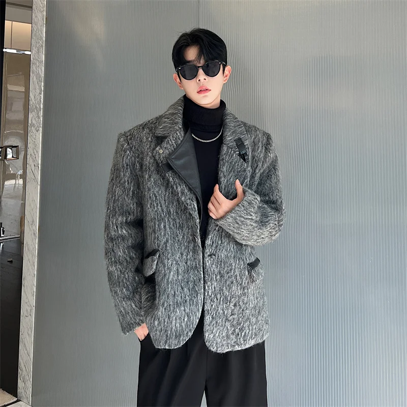 

SYUHGFA Korean Lapel PU Leather Patchwork Woolen Jacket Men's Clothing Loose Coat 2024 Autumn Winter Thickening Jackets Tops