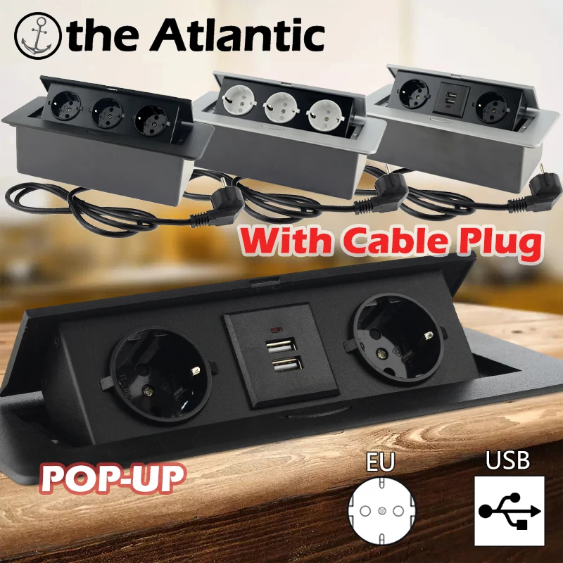 Tomada da ue com Cabo Plug Escondido Mesa de Mesa com Usb Painel Alumínio Capa Cozinha Escritório Tomada de Mesa um Cabo com Plugue