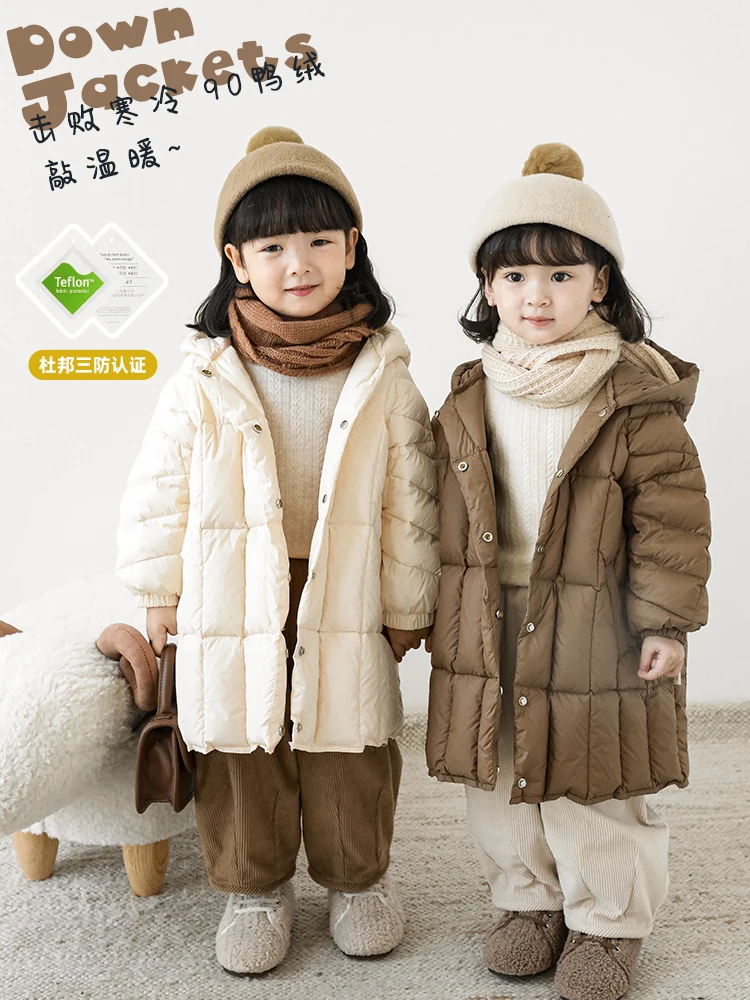Girls Solid Color Long Down Jacket Winter Wear 2022 Thickened Children's Windproof Hooded Coat