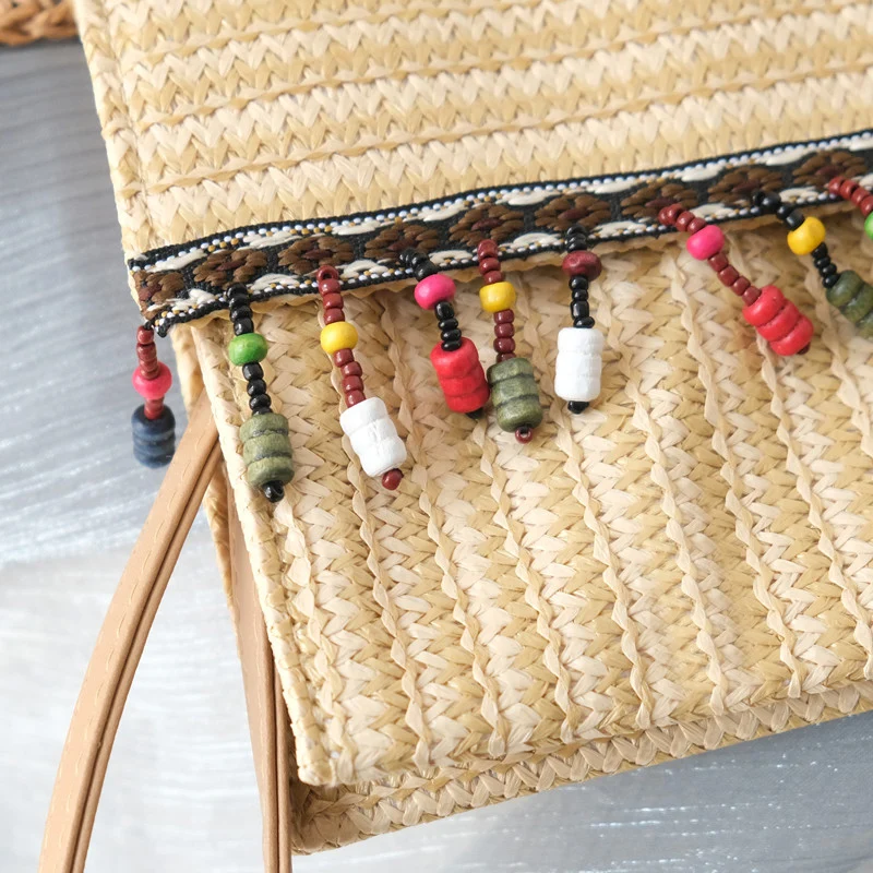 Neue Frühling Sommer Trendy Handtasche Mode Frauen Tasche Solide Stroh Casual Kupplung Frau Nette Quaste Vintage Strand Reise Handtasche – Detail 5