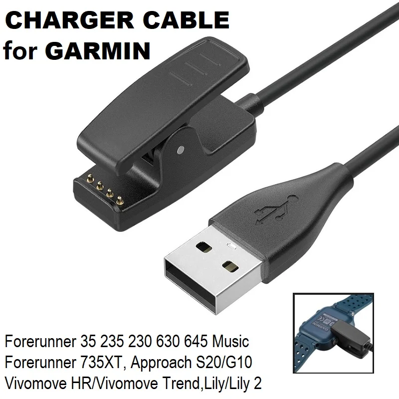 Charger Cable for Garmin Lily 2 Forerunner 35 235 735XT 645 Approach S20 Vivomove Trend Smart Watch USB Charging Cords Clip