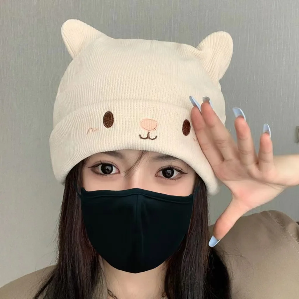 

Autumn and winter new stacked cap cute cat ears knitted cap girls hat