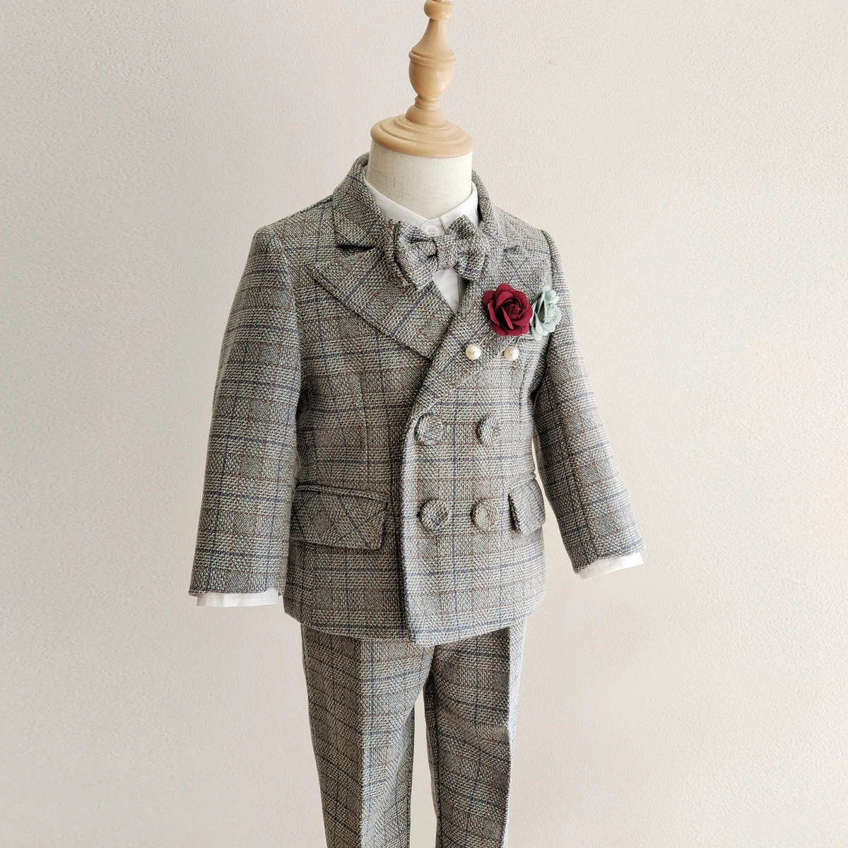 Formal Boys Suit Baby First Birthday New Year Party Wedding Suit Clothes Set Autumn Winter Thick Blazer Strap Pants Kids Dress