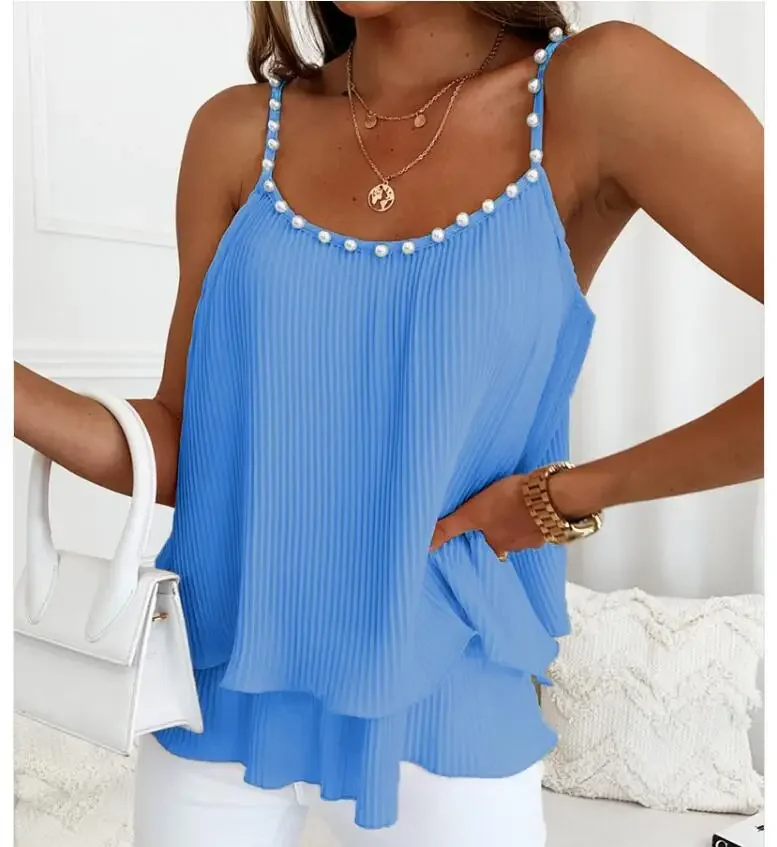 

2023 Summer New Women Chiffon Camisole Sexy Lady Pearls Pleated Ruffle Loose Camis Tank Tops