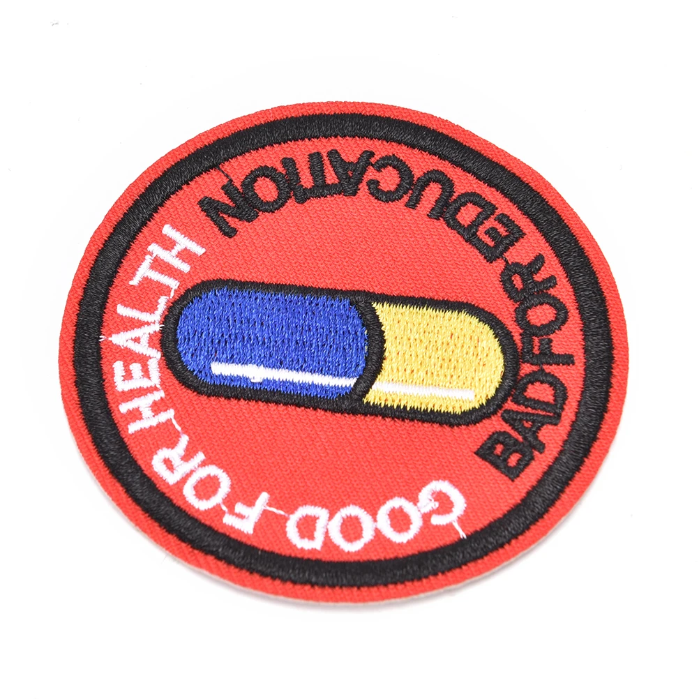 Description Picture 6 of item1pc Japanese Akira Kaneda Good For Health Bad For Education Iron Sew On Patch Akira Pill Anime Cosplay Tetsuo Badge Applique
