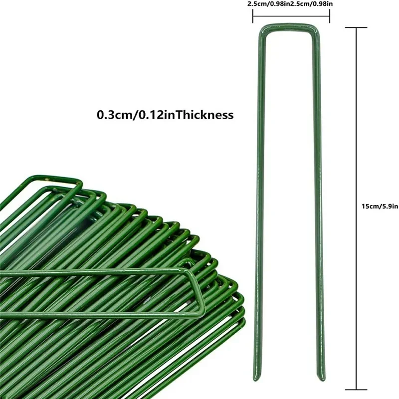 6Inch Garden Stakes Galvanized Landscape Staples Green U-Type Turf Staples for Artificial Grass Rust Proof Sod Pins Stakes 20Pcs