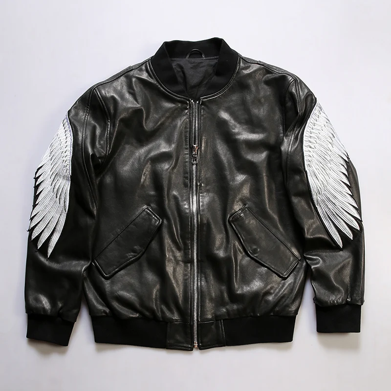 Embroidered eagle wings leather baseball jersey men stand-up collar full vegetable tanned sheepskin genuine leather jacket coat vegetable tanned leather italy men s high quality belts full grain leather headless belt handmade diy