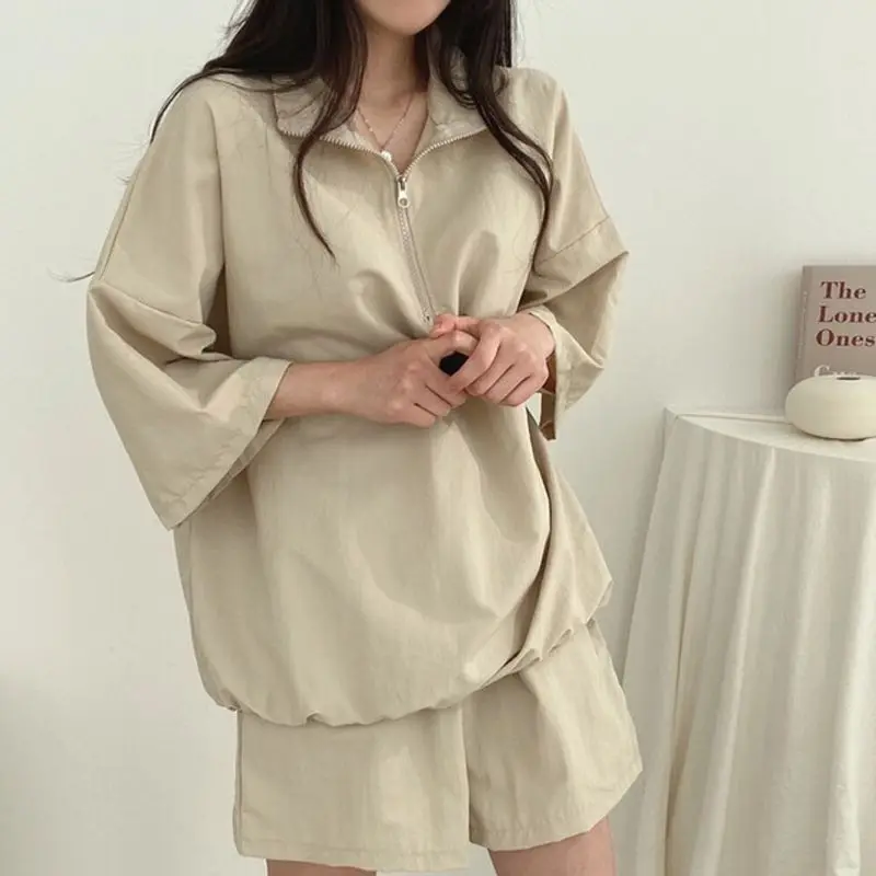 Solid Women\'s Sports Suit Turn-Down Collar Half Sleeve Tops And High Waist Shorts Two Piece Set New Female Summer Outfit