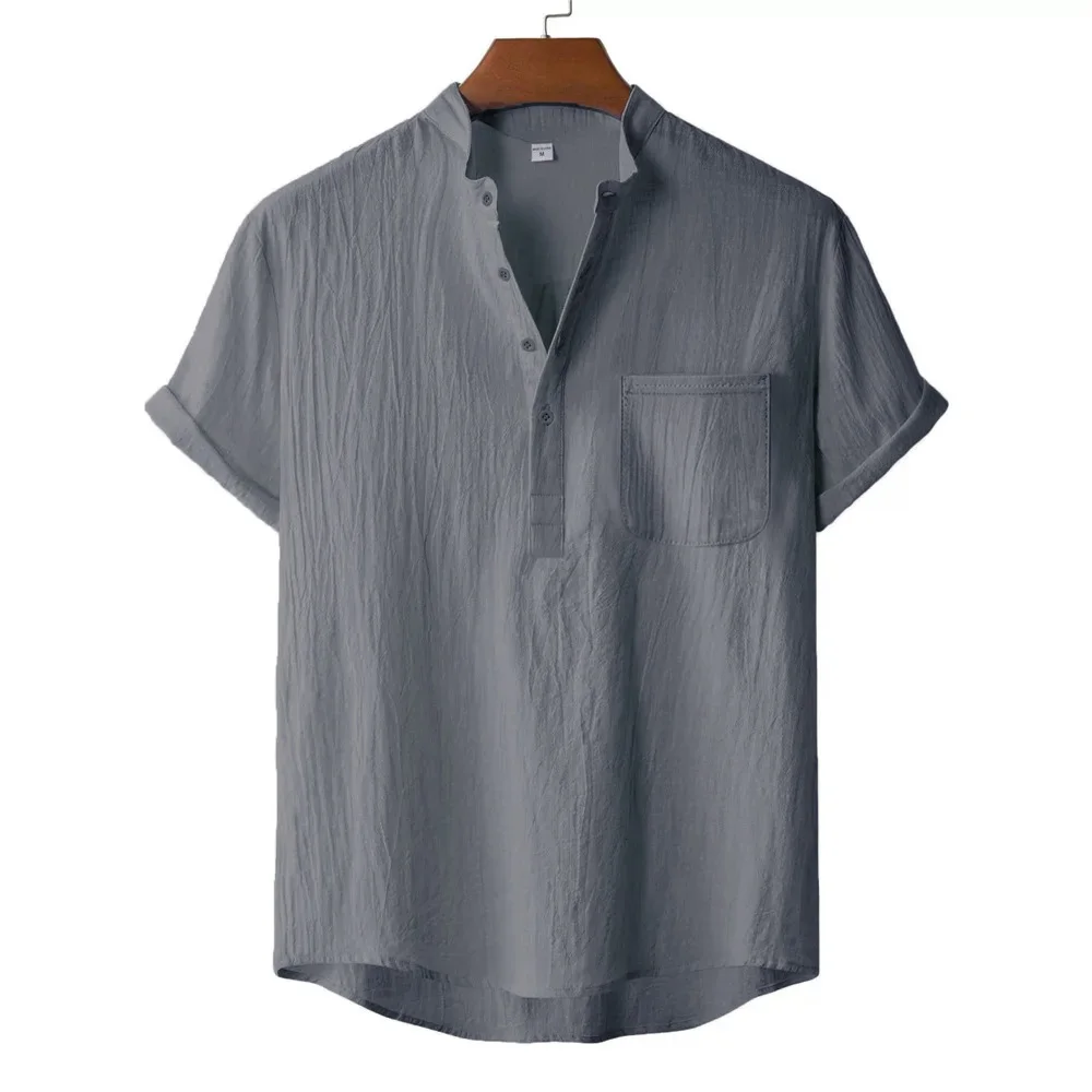 Men’s Summer Cotton Linen Henley T-Shirt Lightweight Breathable Beach Shirt Top