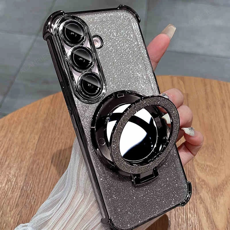 Four-Corner Anti-Shock Mirror Stand Phone Case with Plating Finish