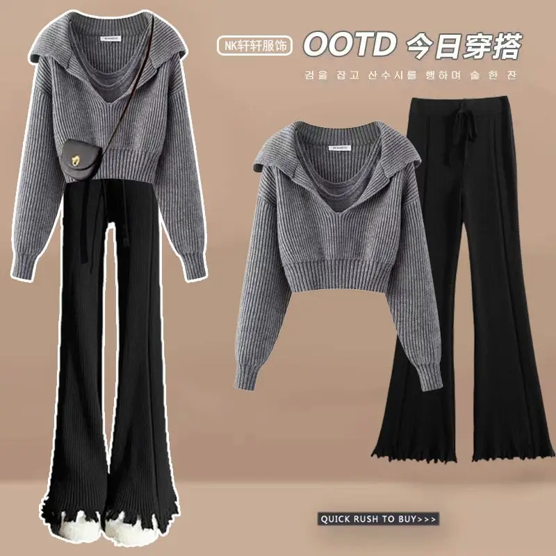 Oversized Women's Winter Set 2023 New Fashion Age Reducing Sweater Wrapped Waist Slim Wide Leg Pants Three Piece Set