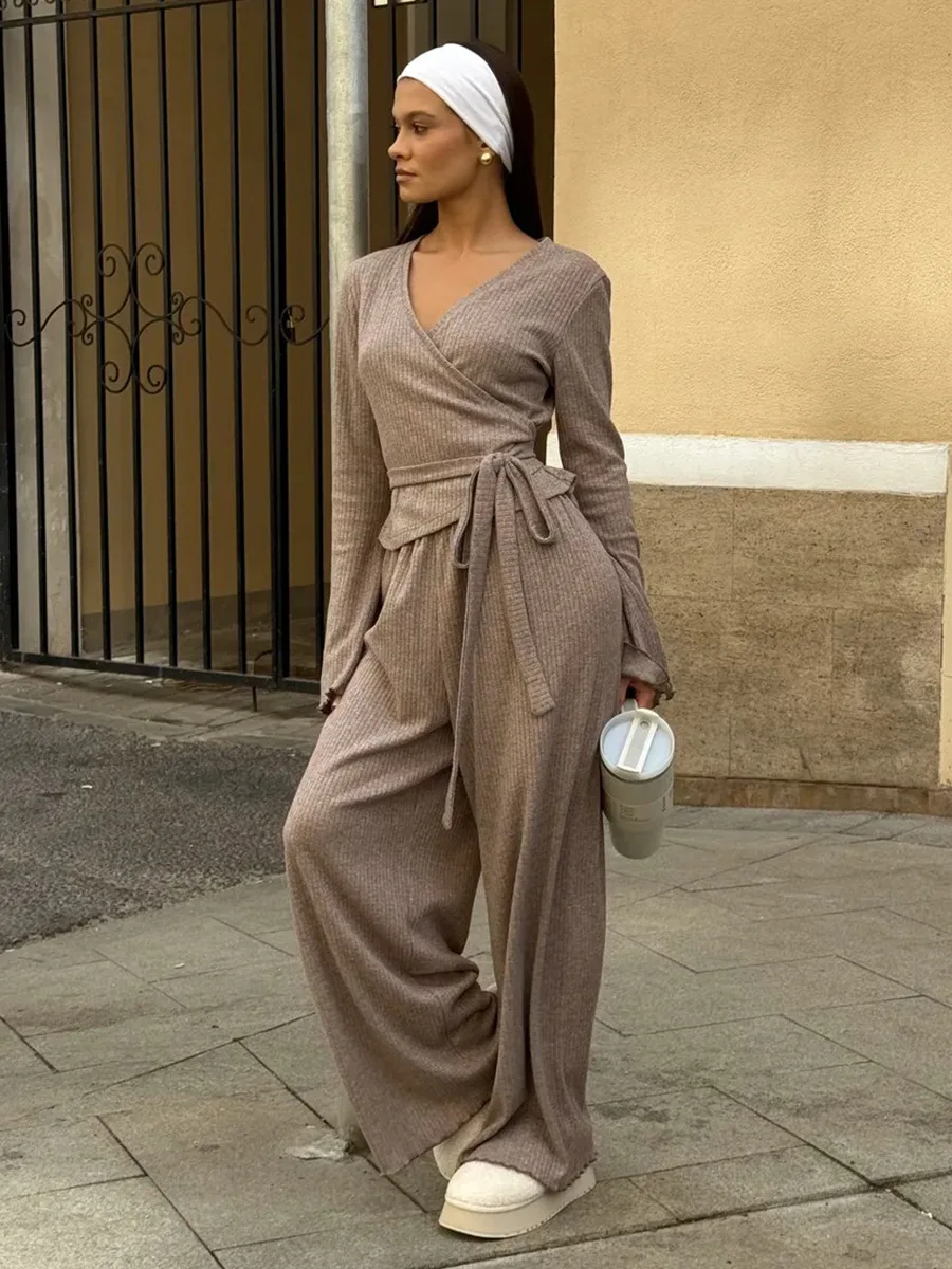 Bornladies 2026 Spring New V Neck Knitted Pants Set Women's Slim Fit Ribbed Tie Waist Long Sleeve Two Piece Outfit