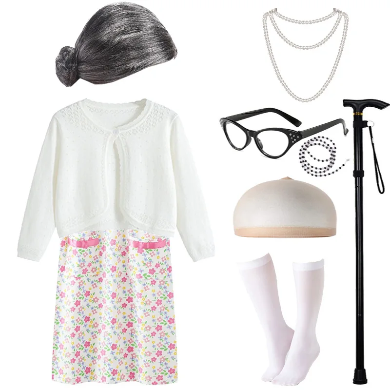 Cosplay Costume Halloween Great grandma cosplay older dress performance costume Kid Halloween with wig glasses