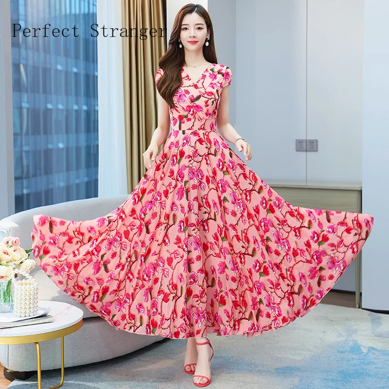 

High Quality 2023 Summer Dress For Women V Collar Floral Printed Short Sleeve Women Chiffon Long Dress