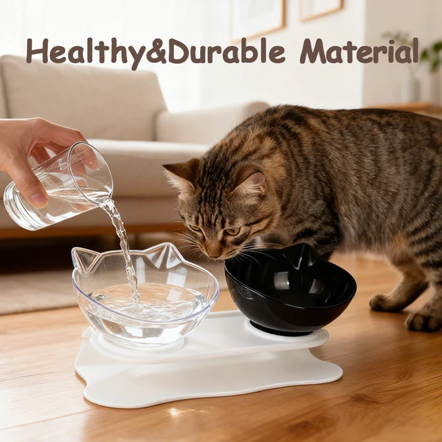 Double Kitten Bowl 2 Cat Feeder Container Tilted Pet Inclination Stand Cats PC Plastic Non-slip Feeding Bowl For Small Dogs Cats 3