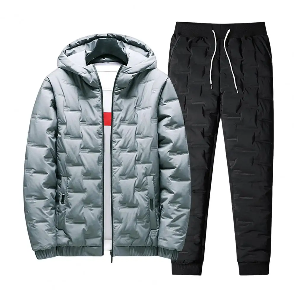 

Men Jacket Pants Set Drawstring Elastic Waist Trousers Two-piece Set Keep Warm Winter Hooded Coat Casual Pants Set Men Clothing