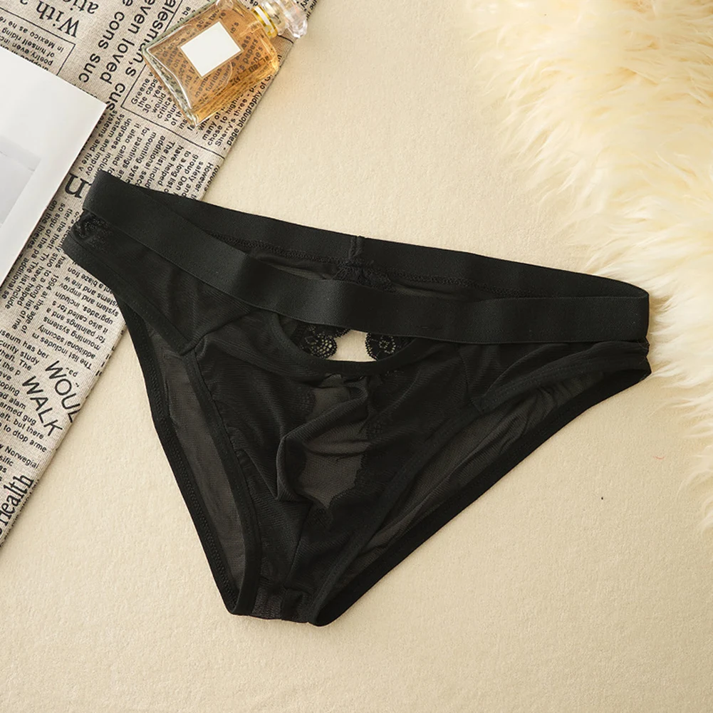 Men's Sexy Underwear Lace Mesh Sheer Hollow SissyBulge Pouch Unisex Panties Solid Low Waist Briefs Comfortable Very Hot Lingerie