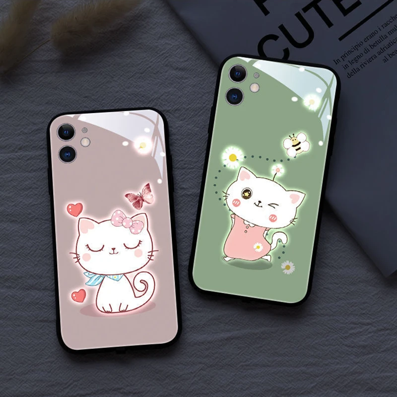 

Cute Kitty 7 Color LED Glowing Luminous Tempered Glass Phone Case for Samsung Galaxy S24 S22 S23 Note10 20 A52 A72 Plus Ultra