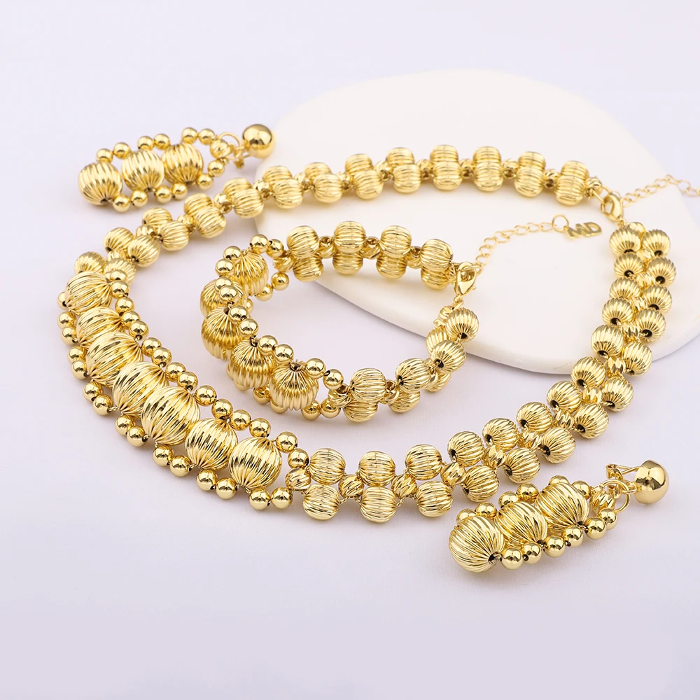 

African Luxury Jewelry Jewelry Gold Color Ball Beads Necklace Earrings Bracelet Women's Set Anniversary Party Wedding Dress Gift