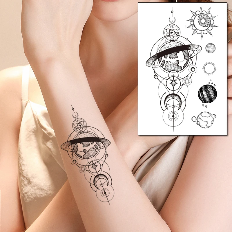 

Geometric Planet Point Temporary Tattoo Stickers Grey Totem Flowers Fake Tattoos Waterproof Tatoos Arm Hand Small Size for Women