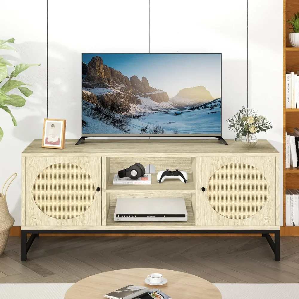 

47.2'' L X 15.75'' W X 22'' H Home Furniture for Tv Rattan TV Stand Easy Assembly Rustic Oak Beige Cabinet Living Room Table