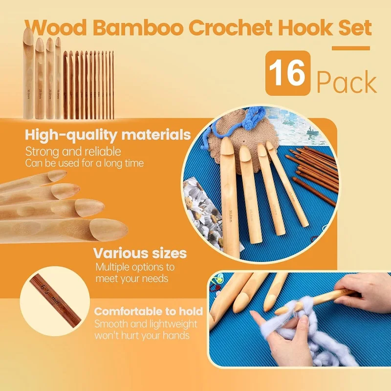 Description Picture 5 of item16Pcs Wooden Crochet Hooks 3 to 30mm in Diameters Handle Crochet Kit Knitting Needles with 10pcs Stitch Markers for Crochet DIY
