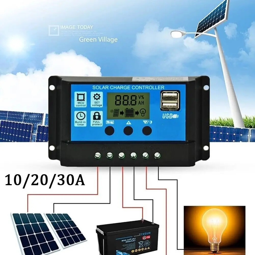 PowMr PWM 30A Solar Charge Controller 12V 24V Solar Controller with Adjustable LCD Display Dual USB For OPNE/AGM/GEL Battery