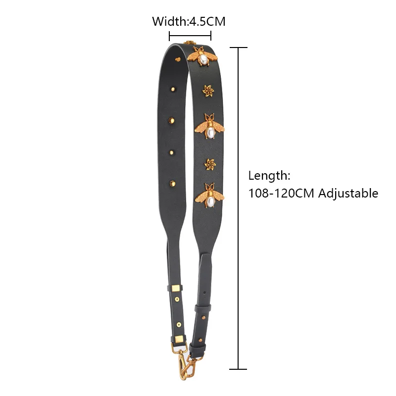 TINBERON Bag Strap Fashion Vintage Gold Metal Bee Bag Strap Real Leather Shoulder Strap Women Replacement Bag Parts Accessories